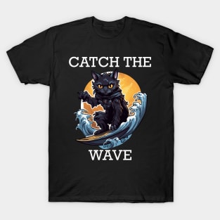 Black Cat Surfing - Catch The Wave (White Lettering) T-Shirt